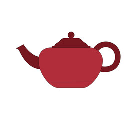 A simple red teapot with a spout, handle, and lid is depicted with clean lines and a minimalist design, showcasing its classic shape.