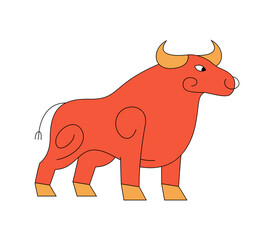 Stylized red bull with yellow horns standing profile view on a white background with clean lines and a simple design.