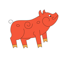 Stylized red pig with black outline and curious expression stands on four legs, a playful curly tail accentuates its rear.