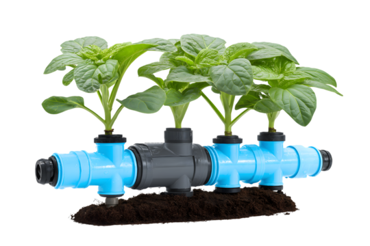 Plants in modern irrigation system  isolated on white background