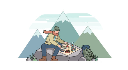 Fototapeta premium Person enjoying food while sitting on a rock in front of mountains vector illustration