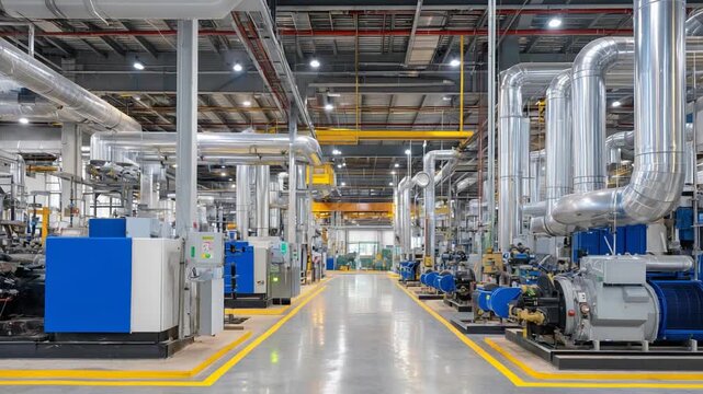 Explore a vast industrial boiler room featuring large gas boilers, interconnected steel pipes, and polished tanks illuminated by LED lights.