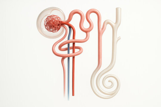 Human Nephron Illustration, Kidneys Filtration System Anatomy, Diagram of Renal Corpuscle and Tubule  [Illustration]