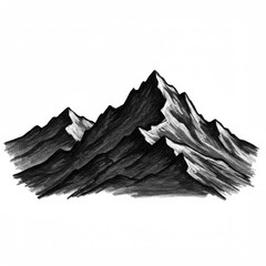 Dramatic Mountain Range Ink Drawing in Black and White Isolated on White Background