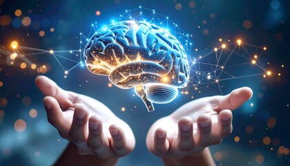 Human hands gently holding a digital representation of a brain, showcasing the concept of nurturing intelligence.