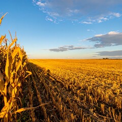 A golden expanse of harvested field, with a line of dried corn stalks, bathed in the warm light of the setting sun.