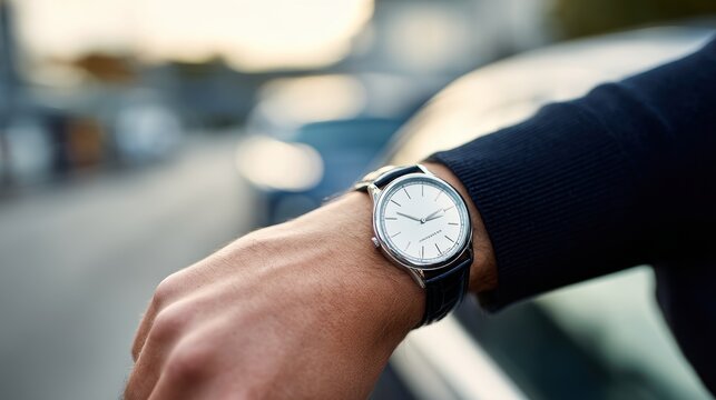Elegant Watch on Wrist with Luxury Car Blurred Background