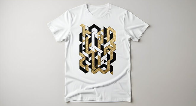 White t shirt with geometric design in black gold and white