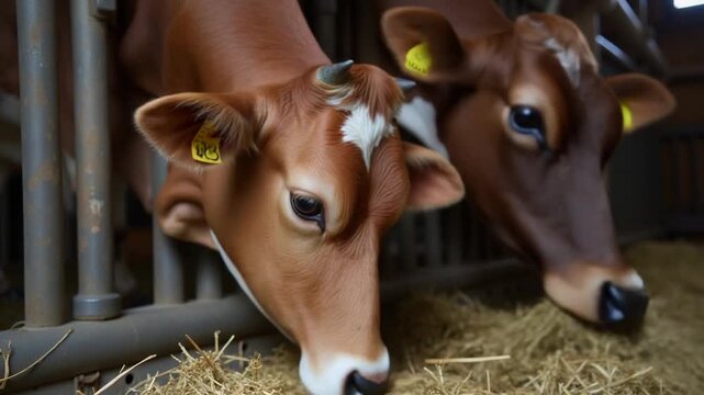 Cow eating hay in a barn