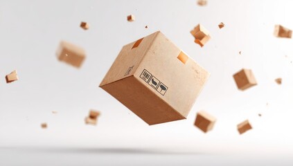 A cardboard box, seemingly levitating, surrounded by smaller, similar boxes in mid-air against a neutral background