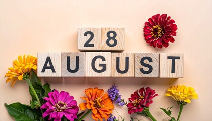 Wooden Blocks with Date 28 August. Floral Calendar – Vibrant Flowers on Solid Colored Background