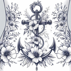 Floral Anchor for Femininity. A stylized anchor tattoo adorned with delicate wildflowers and vines, blending strength and softness.