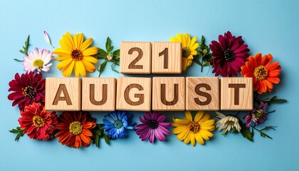 Wooden Blocks with Date 21 August. Floral Calendar – Vibrant Flowers on Solid Colored Background