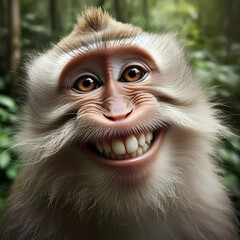 Close-Up Grinning Monkey. A lifelike close-up of a monkey’s face breaking into a wide, joyful grin, capturing expressive eyes and visible teeth.