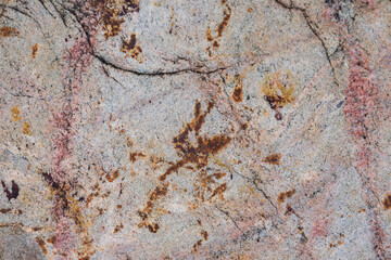 
Grey granite rock with painterly patterns created by fungus and erosion, Cap-Rouge beach, Quebec City, Québec, Canada