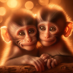 Playful Baby Monkeys Together. Two baby monkeys nestled side-by-side, both smiling subtly with warm, affectionate expressions in a soft-toned close-up.