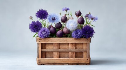 Floral arrangement in wooden crate