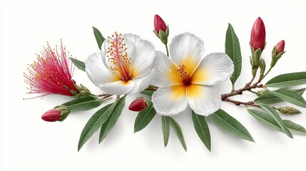Floral arrangement of white flowers and red buds