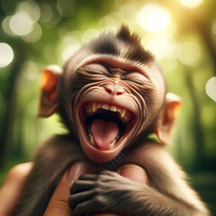 Laughing Monkey in Nature. A monkey mid-laugh, mouth open in an expression of joy, set against a blurred natural environment with dynamic energy.
