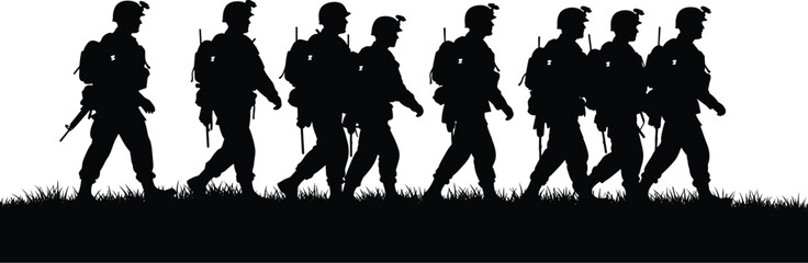 A black and white silhouette of a military squad marching in a line on patrol.