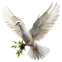 Obraz premium Peace dove carrying an olive branch as a symbol of global unity on a clean white backdrop