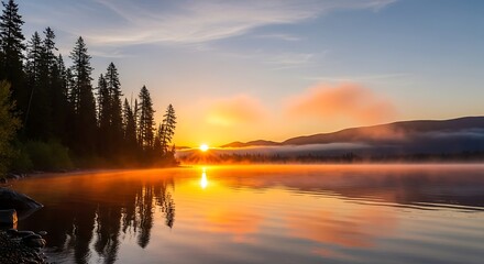 Obraz premium Sunrise over a Serene Lake with Trees.
