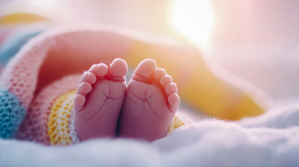 Naklejka premium Close-up of newborn baby's tiny feet nestled in soft, colorful knitted blankets with warm, glowing light, symbolizing new life and tender comfort