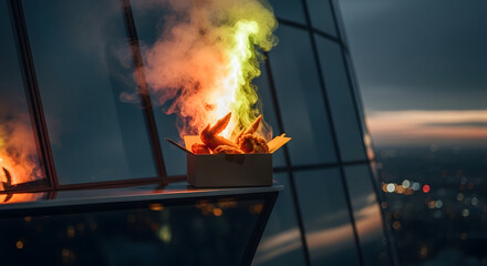 Flaming chicken wings in a cardboard box, illuminated by vibrant smoke, atop a high-rise building at night.