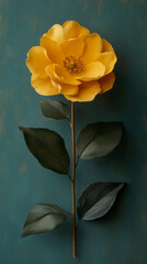 Fototapeta premium Vibrant yellow flower with delicate petals and long stem, accompanied by deep green leaves, presented elegantly against textured teal background