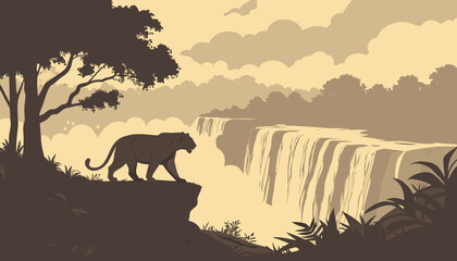 "A vector art of lone tiger walking along the edge of a misty waterfall, early morning fog, dramatic golden sunlight breaking through clouds, ultra-detailed cinematic wildlife photography, high-resolu