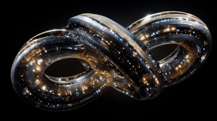 Obraz premium Luminous Infinity - Reflective Mobius Strip with Sparkling Highlights on Black Background.