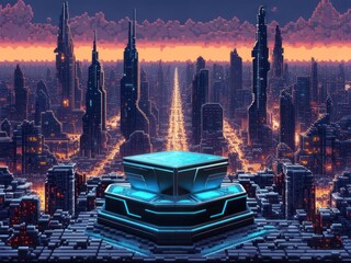 Futuristic cityscape with glowing buildings and a central platform, showcasing a vibrant, technologically advanced urban environment.