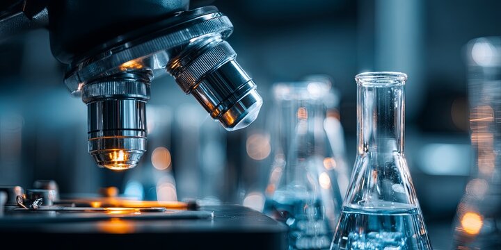 Close-up View of a Laboratory Microscope with Glass Beakers and Flasks in a Modern Research Facility