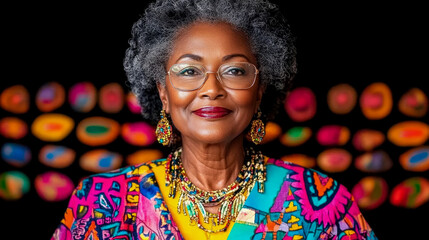 Vibrant portrait of gracefully aging African American woman with warm smile, adorned in colorful ethnic jewelry and bold patterned top, set against blurred backdrop of luminous abstract shapes