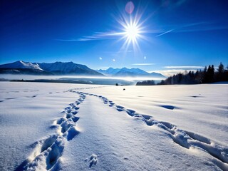 Footprints in snow leading towards snow capped mountains under a bright winter sun
