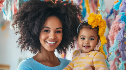 Joyful African American mother with voluminous curly hair holds her smiling baby daughter, who wears bright yellow pom-pom headband, against cheerful backdrop of colorful pastel tassels.