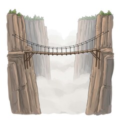 Fototapeta premium Suspension Bridge Between High Cliffs with Dense Fog in a Mountain Landscape