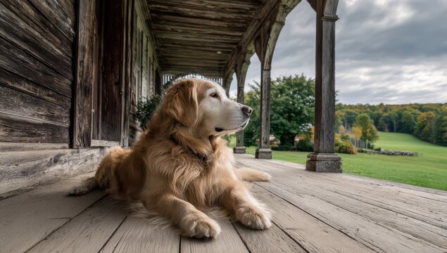 a golden retriever dog is laying on the porch of an old farmhouse