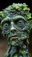 Ethereal nature guardian's face, intricately detailed with interwoven roots, textured bark, verdant moss, and delicate leaves, featuring captivating blue eyes