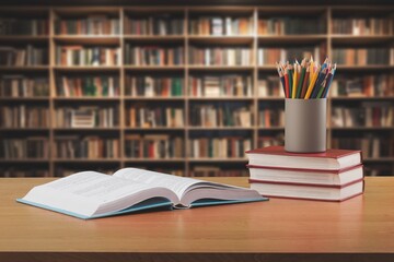 stack of books in library on wooden table