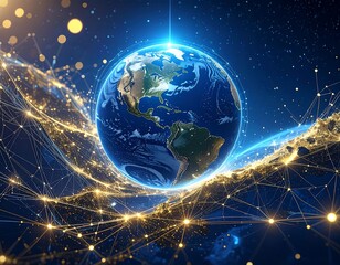A vibrant representation of the Earth, enveloped by a network of interconnected global connections, showcases the intricate web of global communication.