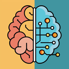 Creative AI brain illustration in vector style, divided into half-brain and half-circuit board design