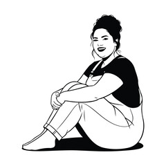 Woman with curly hair wearing overalls sitting and winking t-shirt