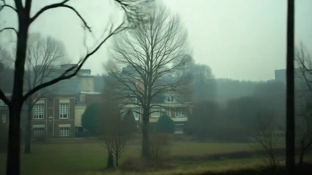 Trees and multistorey houses, view from moving train