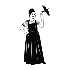 Black silhouette of a woman in a striped shirt and overalls reaching towards a flying bird vector