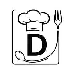 Black letter D logo with chef hat spoon and fork culinary