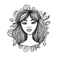 Beautiful Woman Doodle Black and White Illustration Fashion Girl Portrait Line Art Sketch Vector