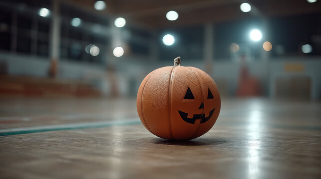 Carved pumpkin basketball with jack o lantern face on gym court under dramatic lights, spooky seasonal sports mood and shallow depth of field