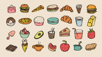 Illustration of various cartoon food items on a beige background.