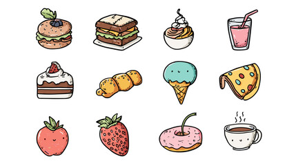 Illustration of various cartoon food items on a beige background.